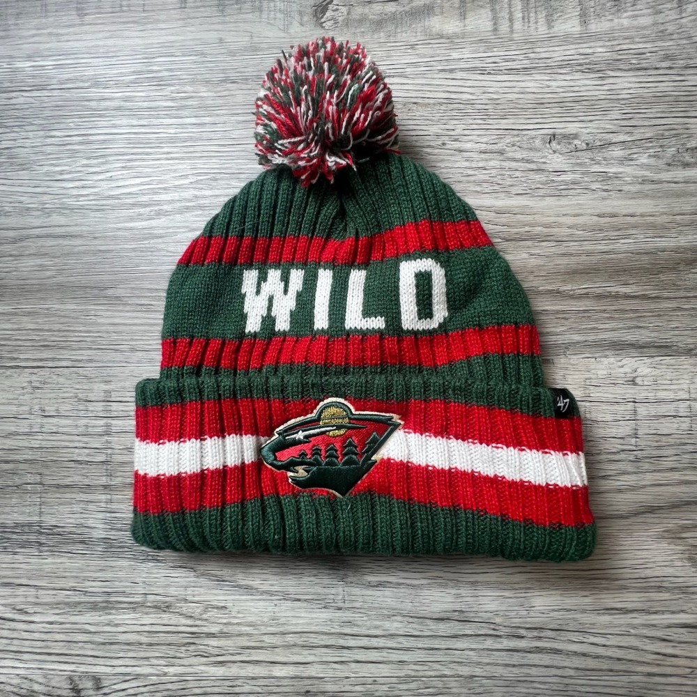 '47 Brand Minnesota Wild Beanie Unisex OSFA Green Red Striped NHL Pom Knit Hat